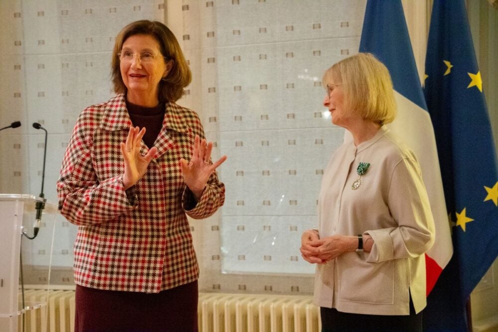 Posy Simmonds after receiving the medal marking her rank as Officier in the Ordre des Arts et des Lettres from the French ambassador to the UK, Hélène Duchêne