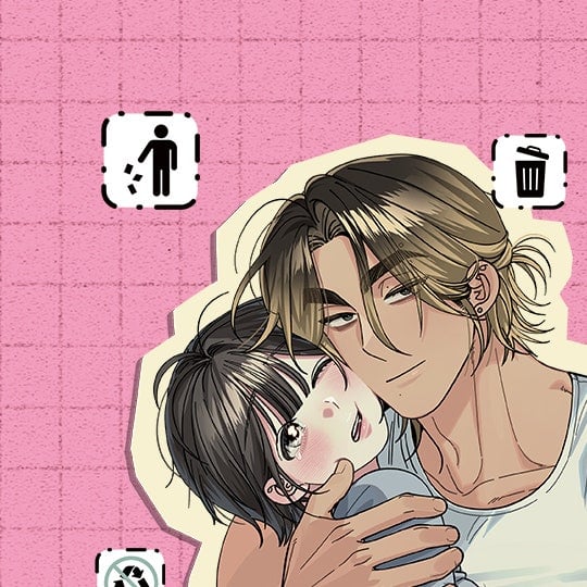 a boy with blonde hair in a short ponytail holds a girl lose to him. she looks uncomfortable. behind them can be seen a pink wall marked with symbols depicting a person throwing away trash.