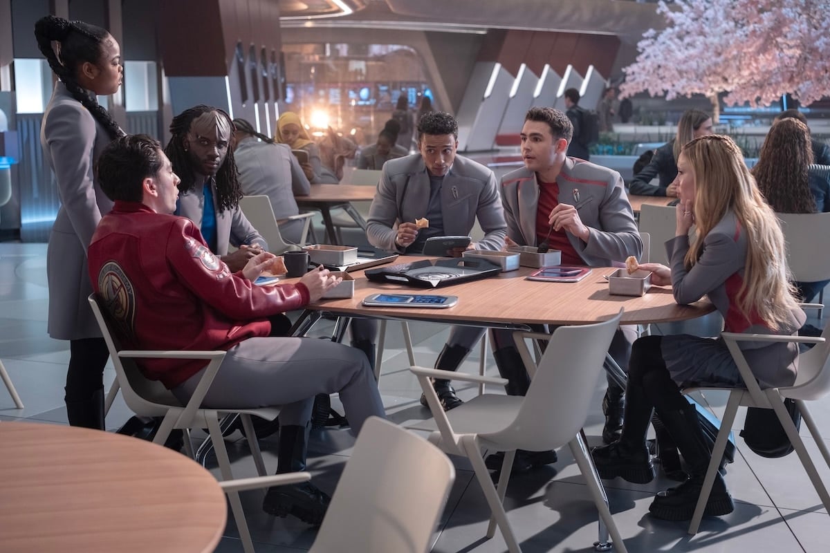 L-R: Kerrice Brooks, Romeo Carere, Karim Diané, Sandro Rosta, George Hawkins and Bella Shepard in season 1 , episode 5 of Star Trek: Starfleet Academy streaming on Paramount+.