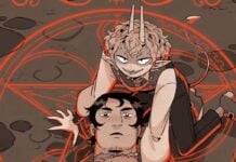 Graphic Novel Review: THE DEMON OF BEAUSOLEIL summons a fun occult-themed romance cover depicting helianthes leaning over elias in a demon summoning circle, both looking at the viewer