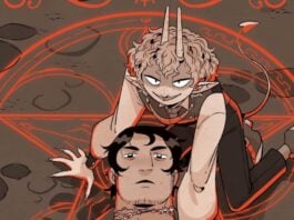 Graphic Novel Review: THE DEMON OF BEAUSOLEIL summons a fun occult-themed romance cover depicting helianthes leaning over elias in a demon summoning circle, both looking at the viewer