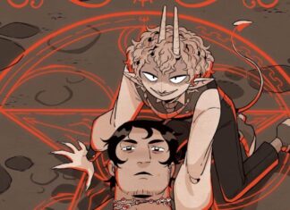 Graphic Novel Review: THE DEMON OF BEAUSOLEIL summons a fun occult-themed romance cover depicting helianthes leaning over elias in a demon summoning circle, both looking at the viewer