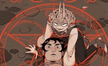 Graphic Novel Review: THE DEMON OF BEAUSOLEIL summons a fun occult-themed romance cover depicting helianthes leaning over elias in a demon summoning circle, both looking at the viewer