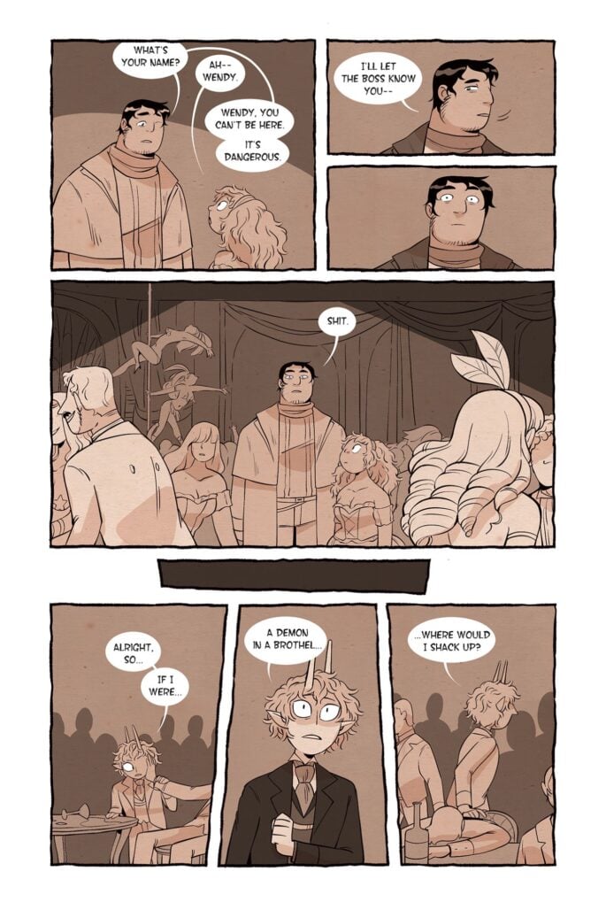 sample page from the demon of beausoleil by mari costa depicting the two main characters solving their first case... in a brothel