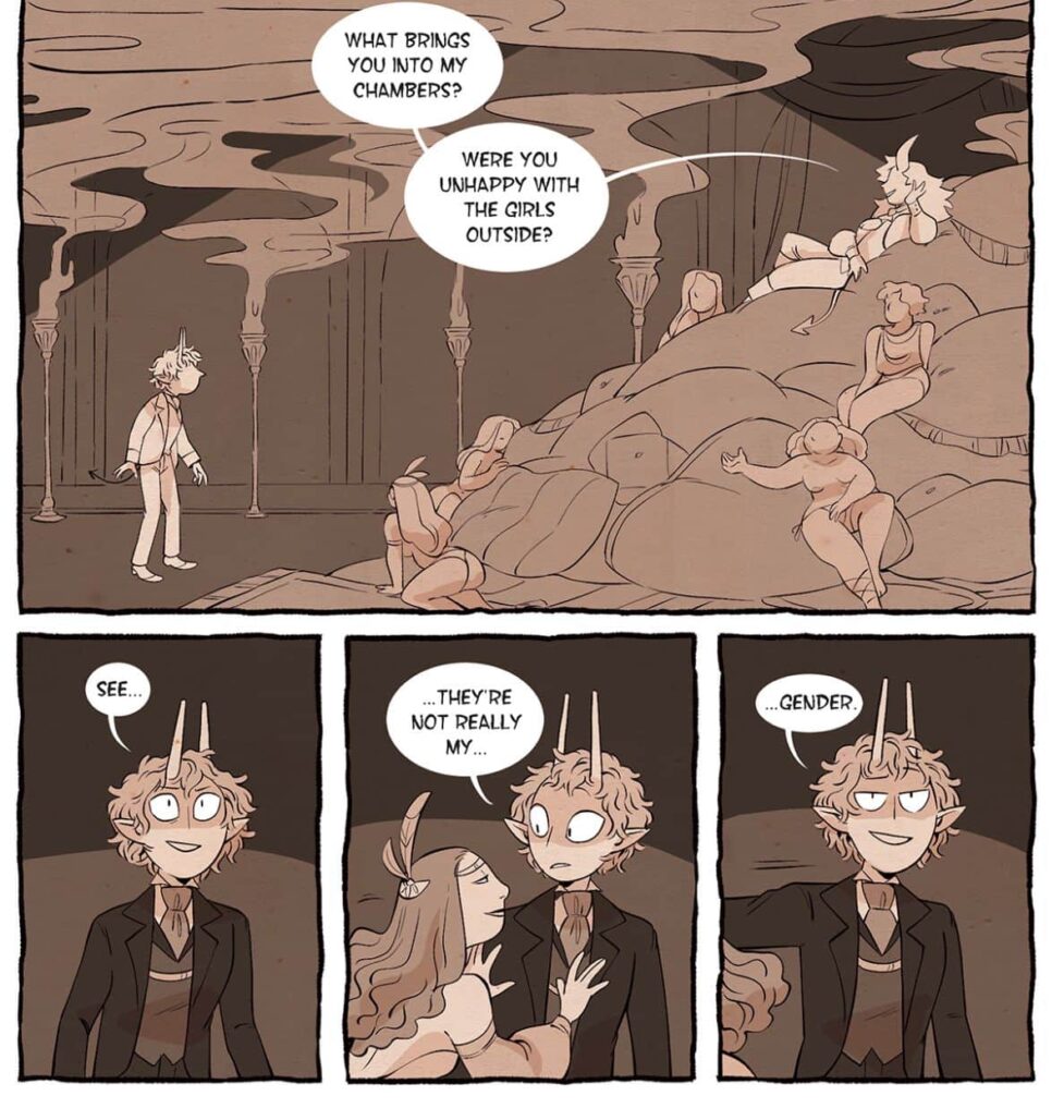 panels in which helianthes admits the employees of the brothel aren't his preferred gender