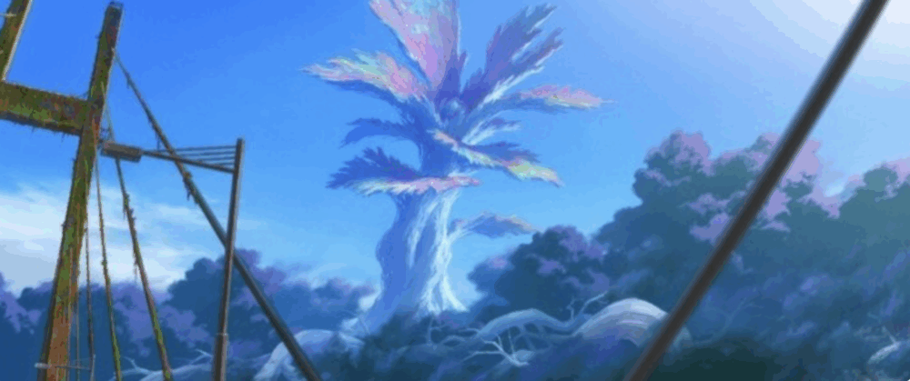 A shimmering, giant flower blooms out of the Earth surrounded by plumes of smoke and debris.