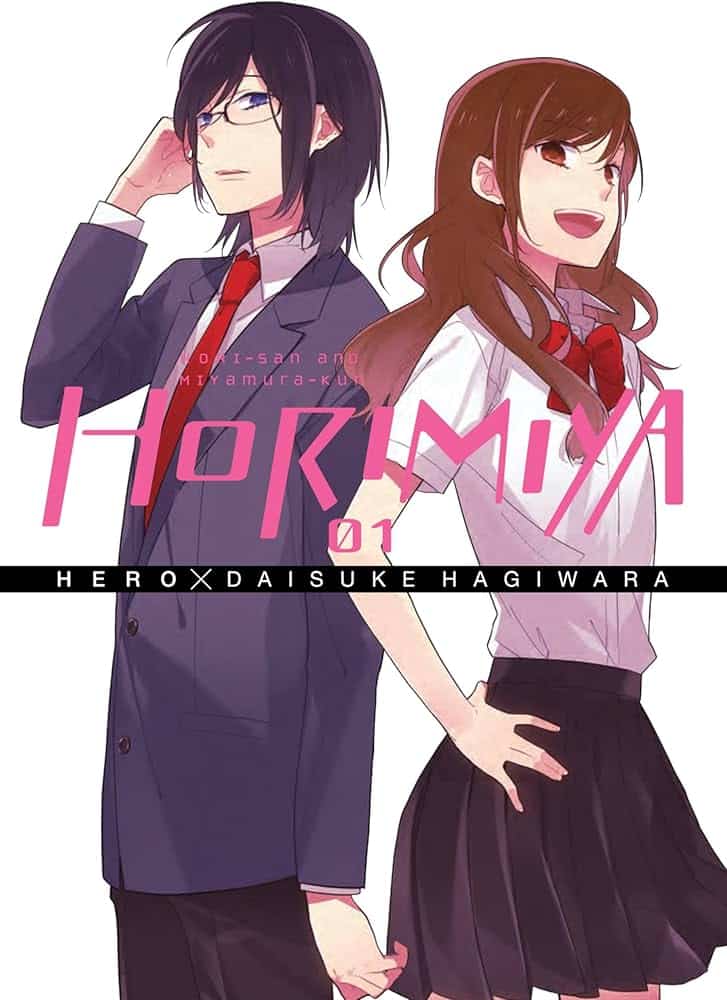 Horimiya cover. A boy and a girl stand together. The boy is wearing glasses, a red tie and has longish black hair. the girl has long brown hair and is wearing a red bow.