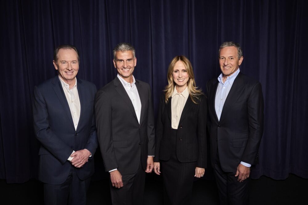 Left to right: Disney chairman James Gorman, incoming CEO Josh D'Amaro, incoming President and CCO Dana Walden, and outgoing CEO Bob Iger