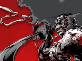 Beat’s Bizarre Adventure: AFRO SAMURAI is simply that good a samurai wields his sword. the background is the color of blood.