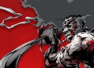 Beat’s Bizarre Adventure: AFRO SAMURAI is simply that good a samurai wields his sword. the background is the color of blood.