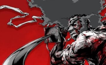 Beat’s Bizarre Adventure: AFRO SAMURAI is simply that good a samurai wields his sword. the background is the color of blood.