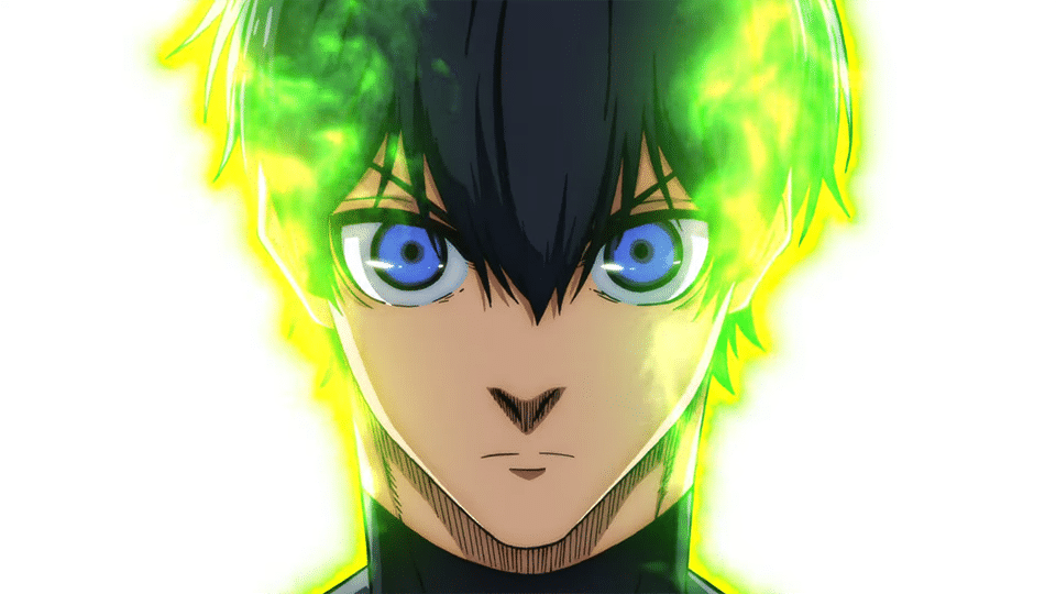 yoichi isagi being consumed by neon green flames