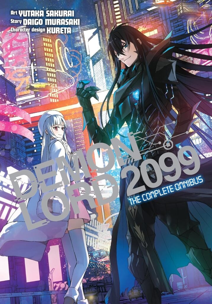 a man with long black hair poses wearing mechanical armor with a glowing blue light in his chest. a woman with white hair and a white jacket is walking nearby. behind them is a futuristic cityscape.