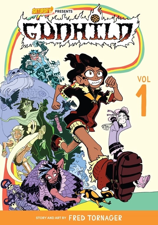 A child wearing a jacket runs forward, pursued by various other mythical beings.