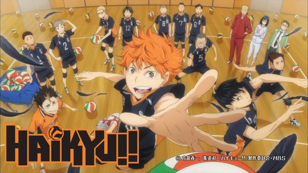 haikyuu promotional image depicting hinata jumping forward with the logo in the bottom left corner and karasuno teammates in the background