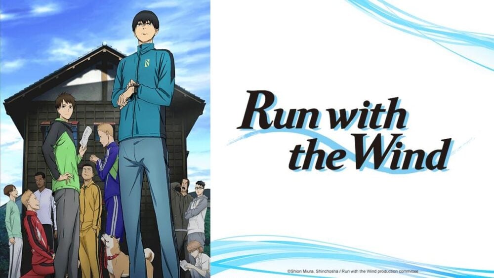 run with the wind cast standing in front of their house on the left with the logo on the right