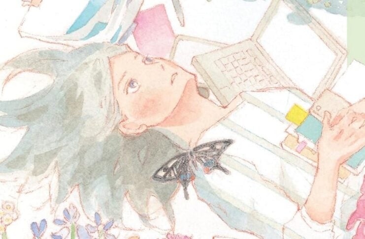 A woman lies in a field of flowers. She is surrounded by scripts, notebooks and a laptop. A butterfly flies in the foreground.