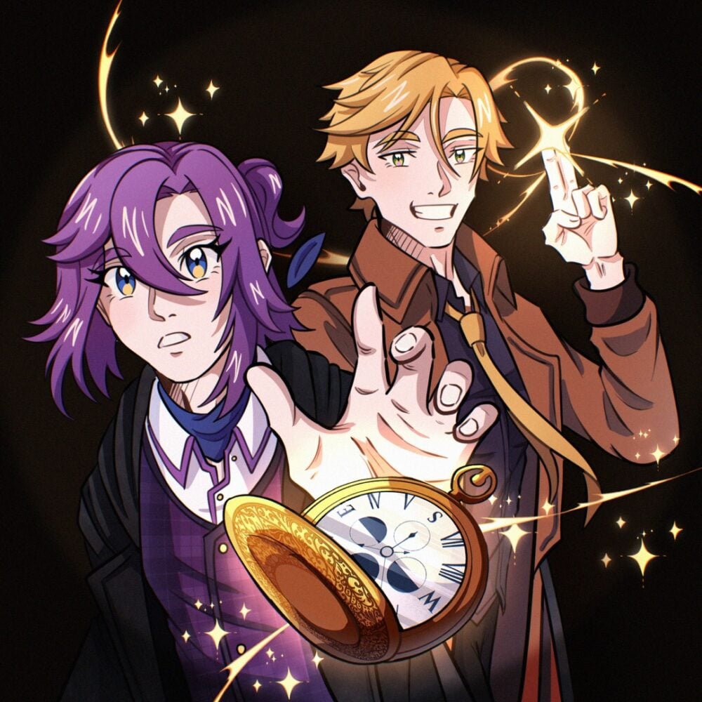 a purple-haired man reaches for a golden stopwatch slash compass. behind him, another man wearing a brown coat does a salute. his two fingers glow with a golden light.