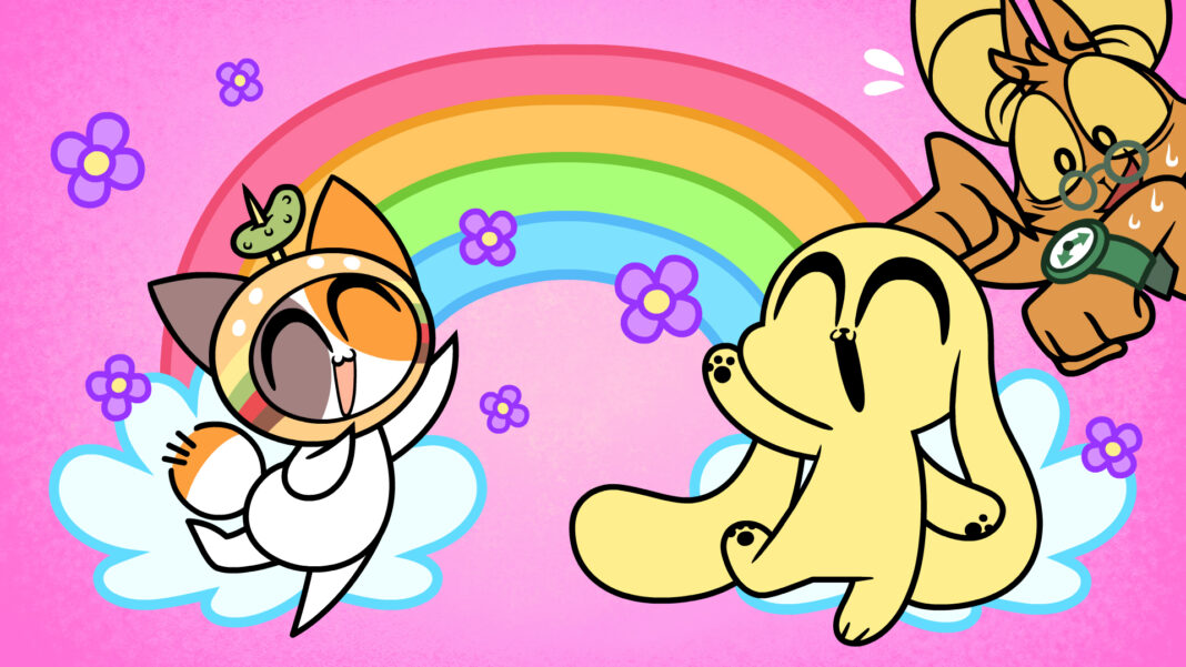 G304FyyXwAE2WDS screenshot from an episode of Chikn Nuggit with his friend Chee, a calico cat on the left, with Chikn on the right standing cheerfully beneath a rainbow.