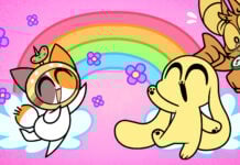 CHIKN NUGGIT creator Kyra Kupetsky leaves BuzzFeed to protest AI requirement screenshot from an episode of Chikn Nuggit with his friend Chee, a calico cat on the left, with Chikn on the right standing cheerfully beneath a rainbow.