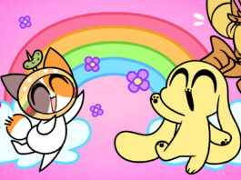 CHIKN NUGGIT creator Kyra Kupetsky leaves BuzzFeed to protest AI requirement screenshot from an episode of Chikn Nuggit with his friend Chee, a calico cat on the left, with Chikn on the right standing cheerfully beneath a rainbow.