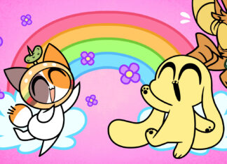 CHIKN NUGGIT creator Kyra Kupetsky leaves BuzzFeed to protest AI requirement screenshot from an episode of Chikn Nuggit with his friend Chee, a calico cat on the left, with Chikn on the right standing cheerfully beneath a rainbow.