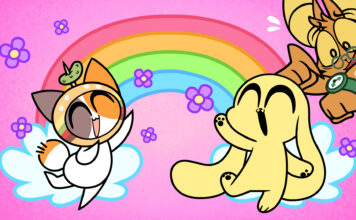CHIKN NUGGIT creator Kyra Kupetsky leaves BuzzFeed to protest AI requirement screenshot from an episode of Chikn Nuggit with his friend Chee, a calico cat on the left, with Chikn on the right standing cheerfully beneath a rainbow.