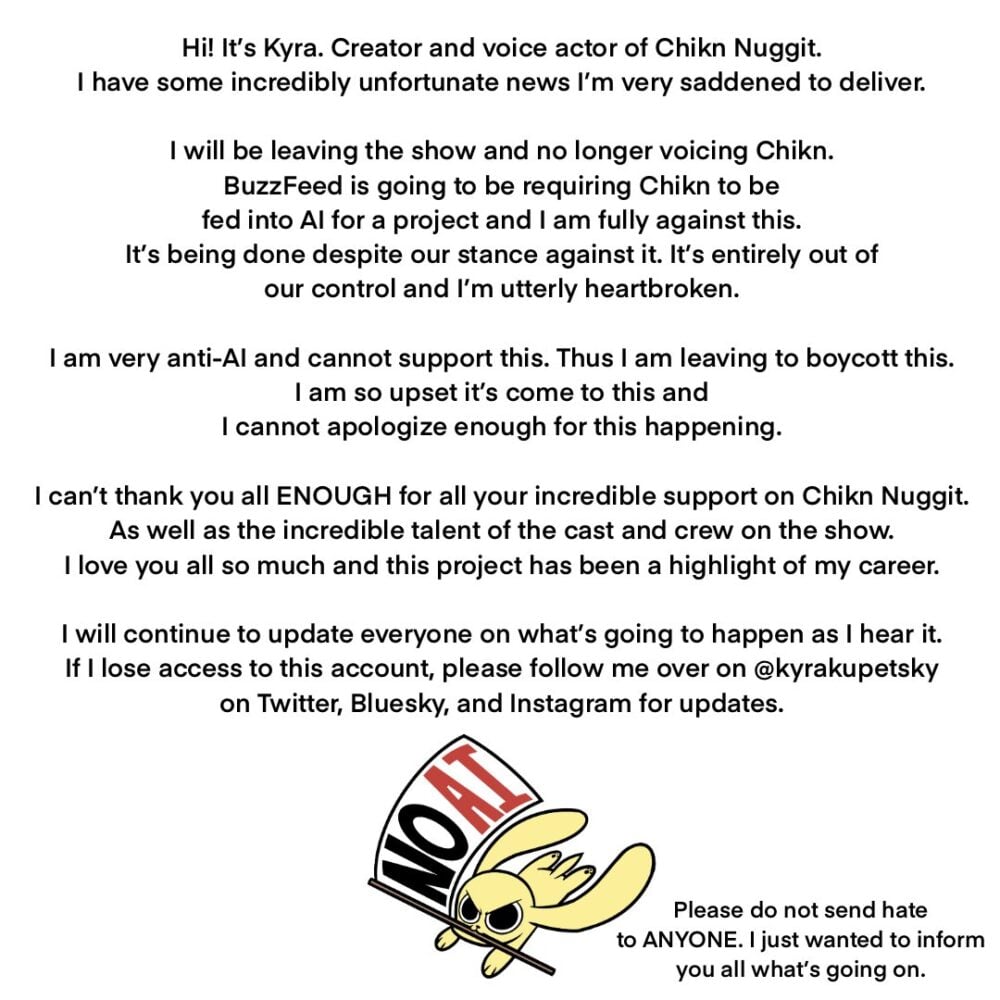 the official statement from the Chikn Nuggit account on X/Twitter about Kyra parting ways due to Buzzfeed's request to feed the series into AI for a project.