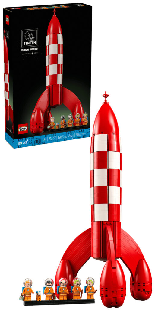 An official photo of the LEGO Ideas Tintin Moon Rocket set's packaging, model, and minifigures
