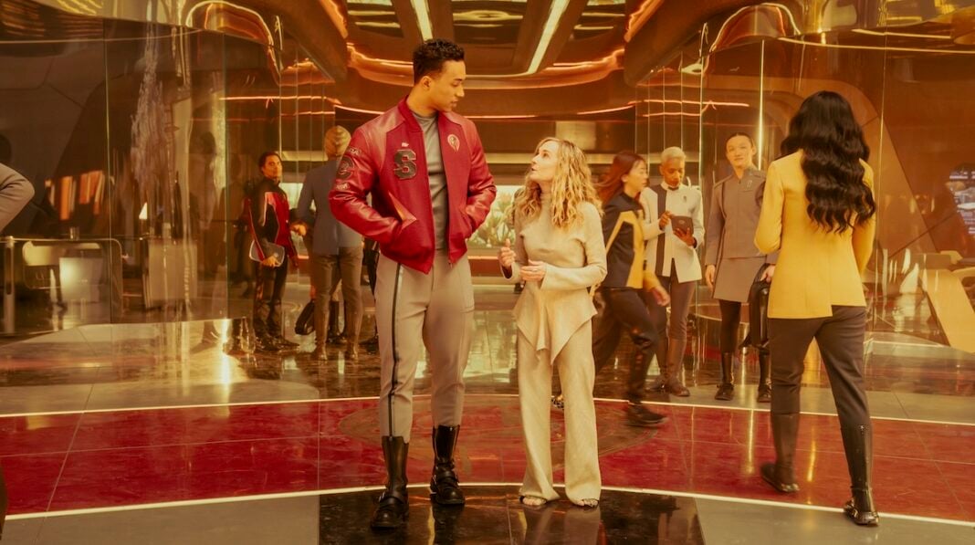 Ake and Caleb in the Star Trek: Starfleet Academy atrium.