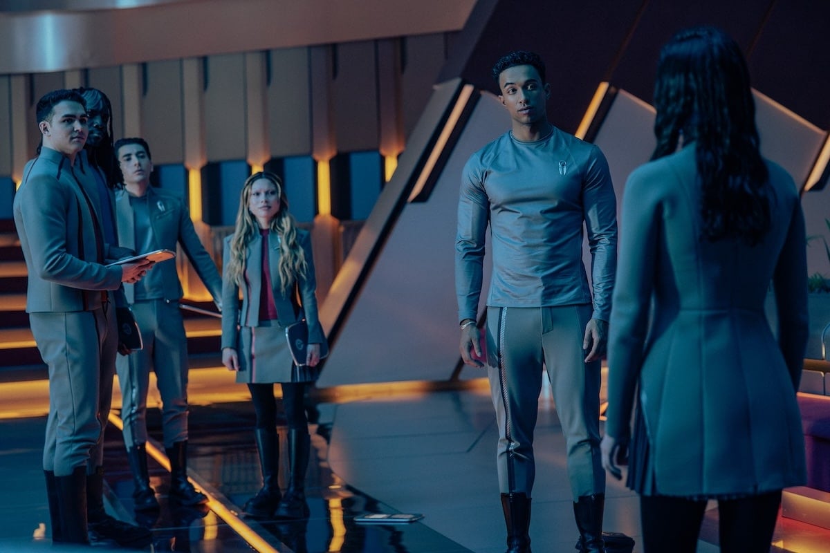 L-R: George Hawkins as Darem, Karim DianÈ as Jay-Den, Romeo Carere as Ocam, Bella Shepard as Genesis, and Sandro Rosta as Caleb in season 1, episode 8, of Star Trek: Starfleet Academy streaming on Paramount+. 