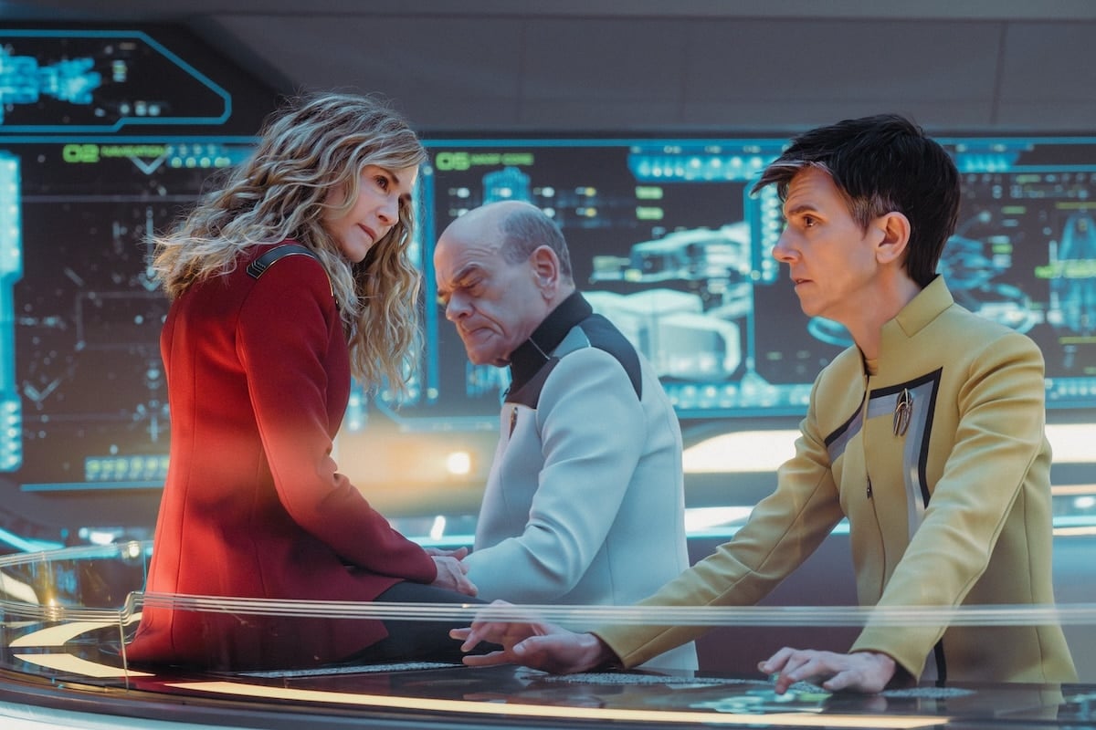 L-R: Holly Hunter as Captain Nahla Ake, Robert Picardo as The Doctor, and Tig Notaro as Reno in season 1, episode 9, of Star Trek: Starfleet Academy streaming on Paramount+. 