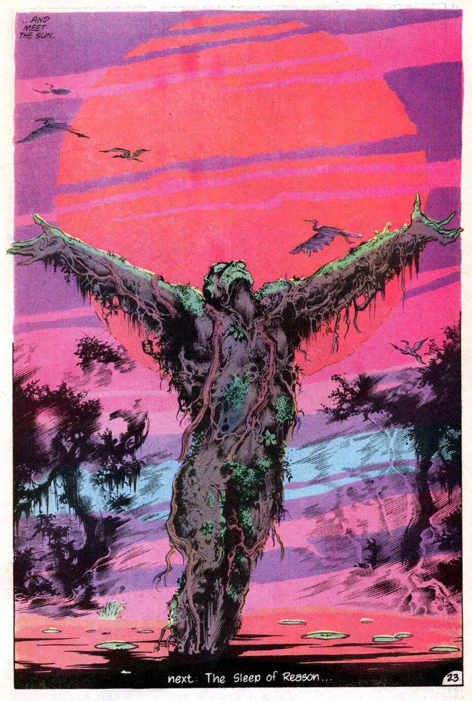 The ending of Saga of the Swamp Thing #24 (1984), colored by Wood, penciled by Steve Bissette, inked by John Totleben