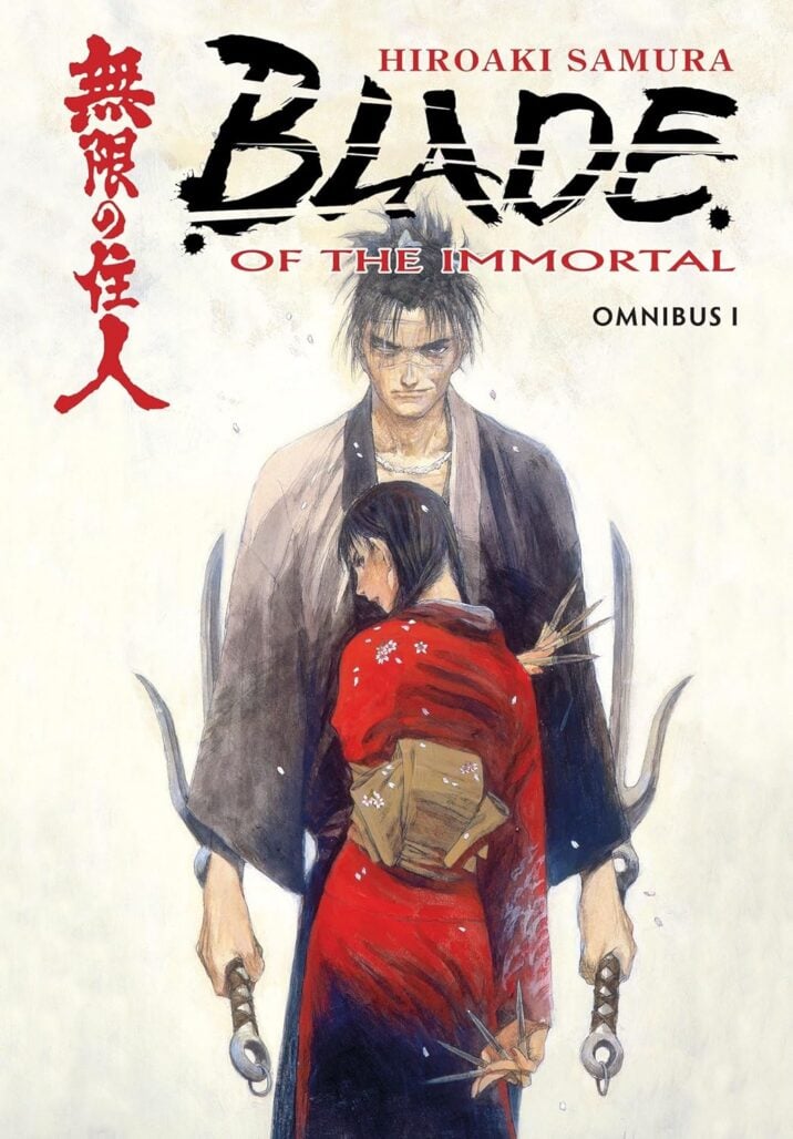 blade of the immortal header. a man stands holding two swords. in front of him a woman turns away from the reader while holding kunai; she is wearing a red robe.