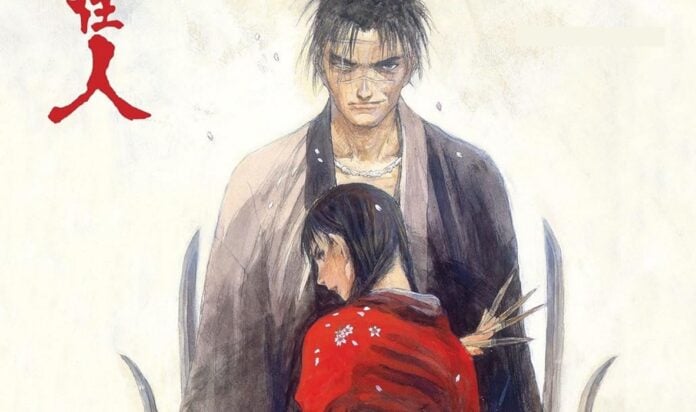 blade of the immortal header blade of the immortal header. a man stands holding two swords. in front of him a woman turns away from the reader while holding kunai; she is wearing a red robe.