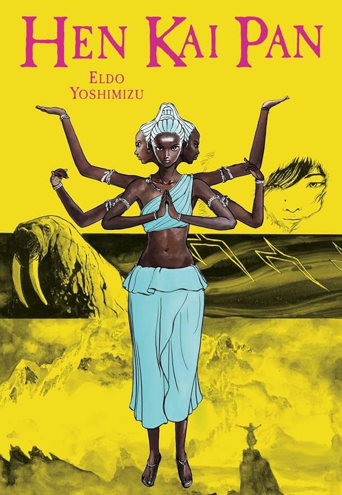 a six-armed being poses against a yellow background