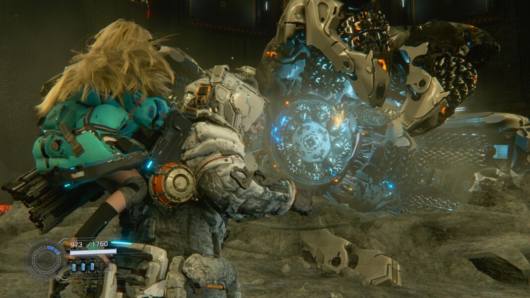 PRAGMATA_20260423220240 Screenshot from Capcom's PRAGMATA - Hugh and Diana facing off against lunar digger mining robot