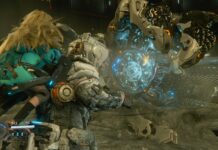 Game Review: Capcom doesn’t miss with PRAGMATA Screenshot from Capcom's PRAGMATA - Hugh and Diana facing off against lunar digger mining robot
