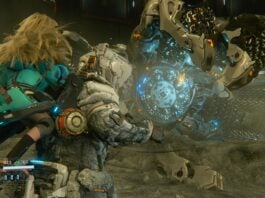 Game Review: Capcom doesn’t miss with PRAGMATA Screenshot from Capcom's PRAGMATA - Hugh and Diana facing off against lunar digger mining robot