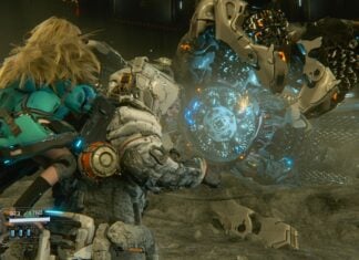 Game Review: Capcom doesn’t miss with PRAGMATA Screenshot from Capcom's PRAGMATA - Hugh and Diana facing off against lunar digger mining robot