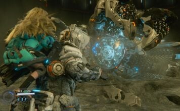 Game Review: Capcom doesn’t miss with PRAGMATA Screenshot from Capcom's PRAGMATA - Hugh and Diana facing off against lunar digger mining robot