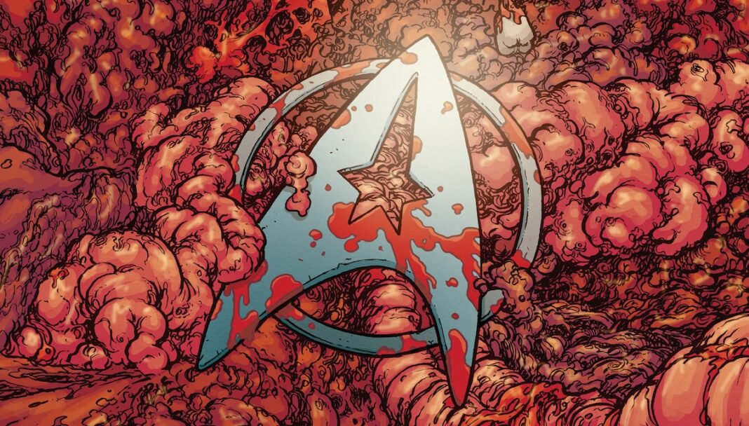 Red Shirts 2 A Starfleet delta in a sea of viscera. A cover for Star Trek: Red Shirts: Ghosts of the 21st Century.
