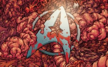 IDW announces STAR TREK: RED SHIRTS sequel series, GHOSTS OF THE 21ST CENTURY A Starfleet delta in a sea of viscera. A cover for Star Trek: Red Shirts: Ghosts of the 21st Century.