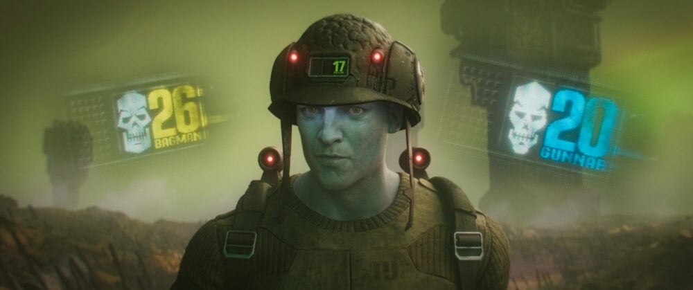 Rogue Trooper (Aneurin Barnard) talks to Bagman (Reece Shearsmith) and Gunnar (Jack Lowden)'s holograms