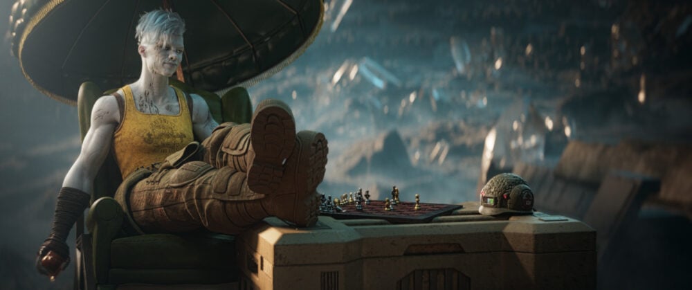 Venus Bluegenes (Hayley Atwell) playing chess with Helm (Daryl McCormack)