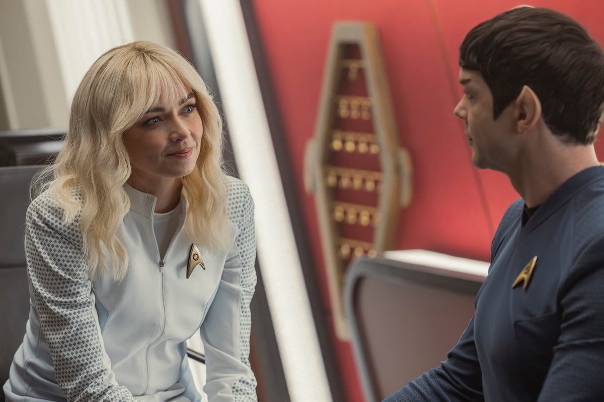 (L-R): Jess Bush as Christine Chapel and Ethan Peck as Spock in season 4, episode 2, of Star Trek: Strange New Worlds streaming on Paramount+, 2026.