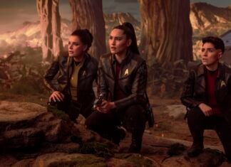 The one with the dinosaurs: STAR TREK: STRANGE NEW WORLDS season 4 teaser debuts Una, La'an and Ortegas looking at something in awe with a shuttlecraft parked behind them