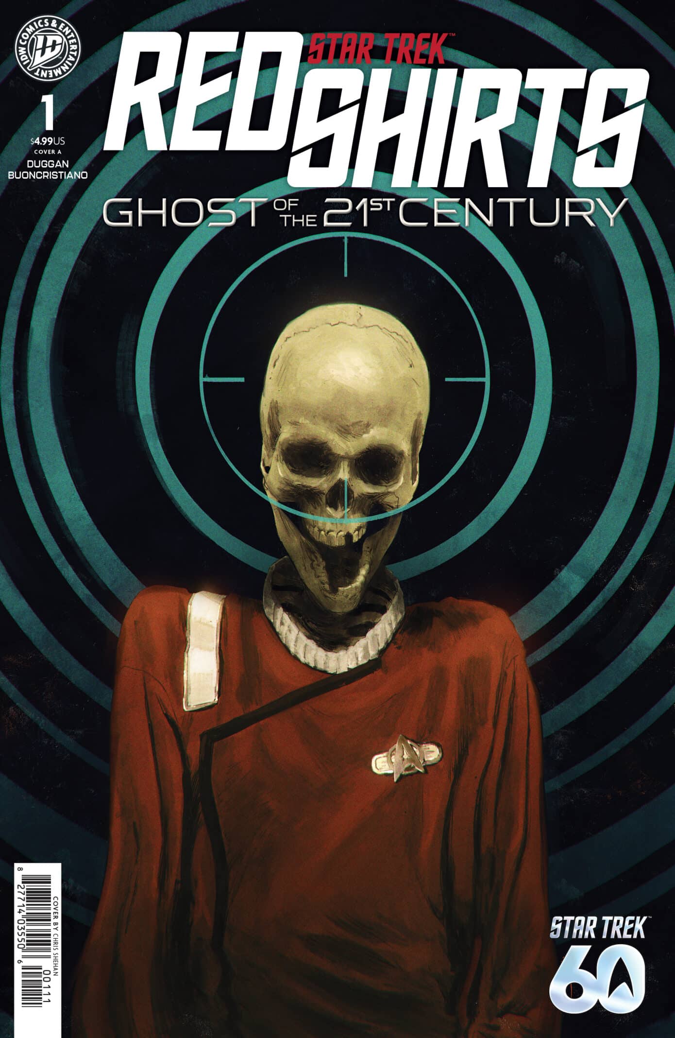 Red Shirts cover featuring a skeleton in a Starfleet uniform with crosshairs on its skull.
