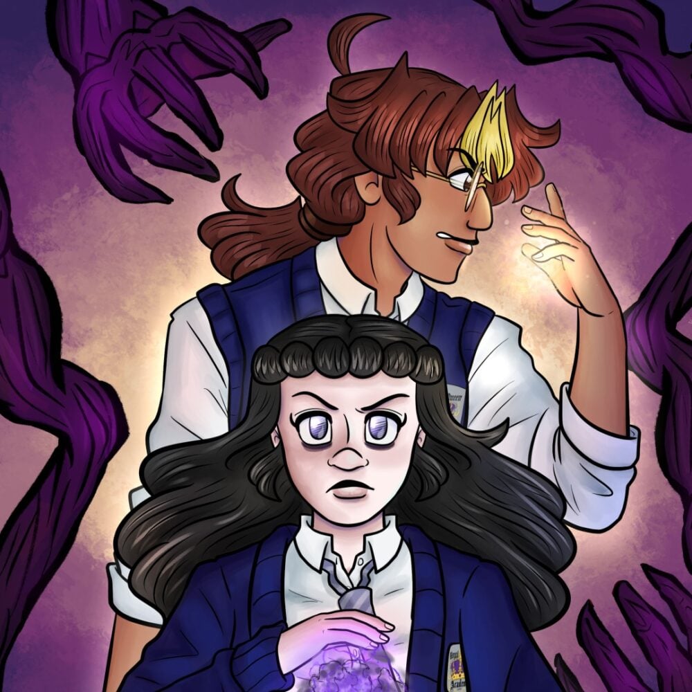 a girl wearing a school uniform wields purple magic. a boy with a dyed blonde streak stands behind her. they are surrounded by grasping purple hands.