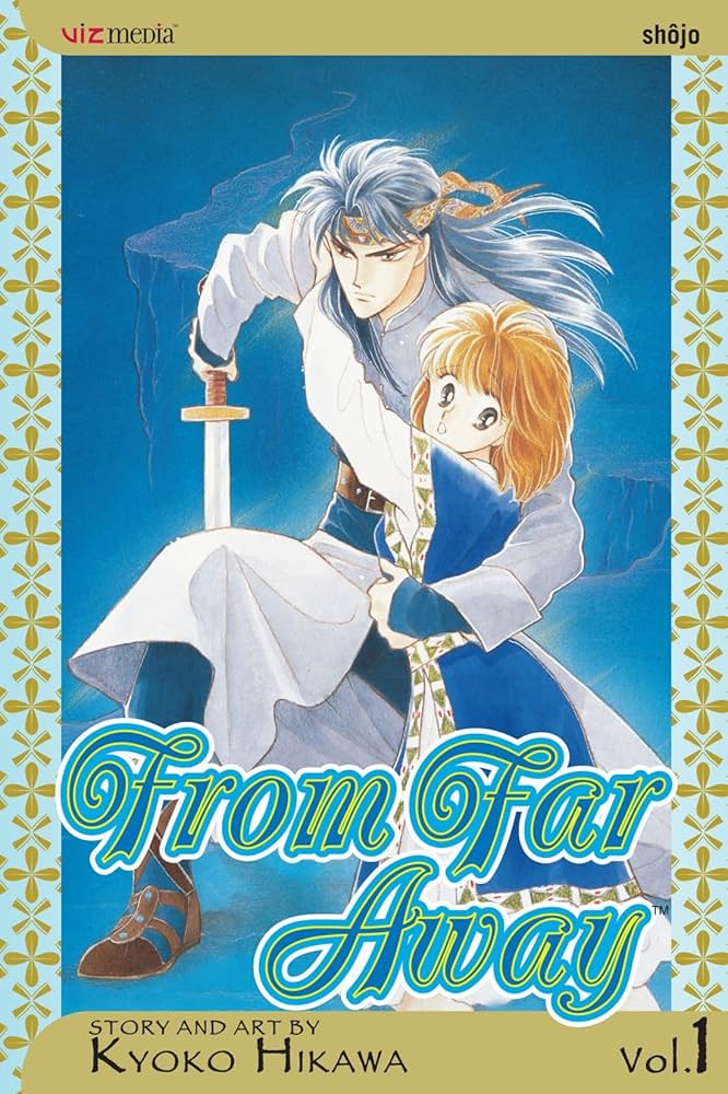from far away cover. a man with black hair holds a sword as well as a young woman.